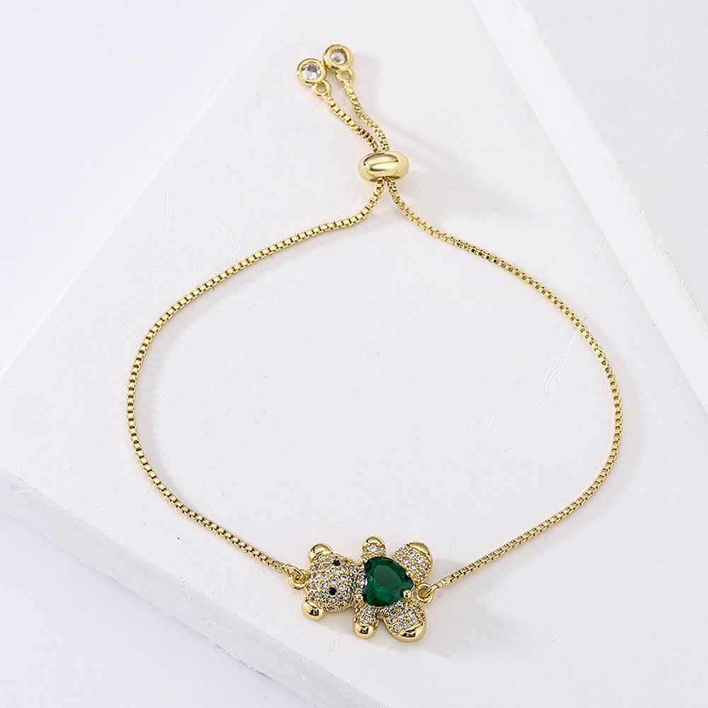 Cute Heart-Shaped Bear Adjustable Drawstring Bracelet for Women in Copper with Zircon Inlay