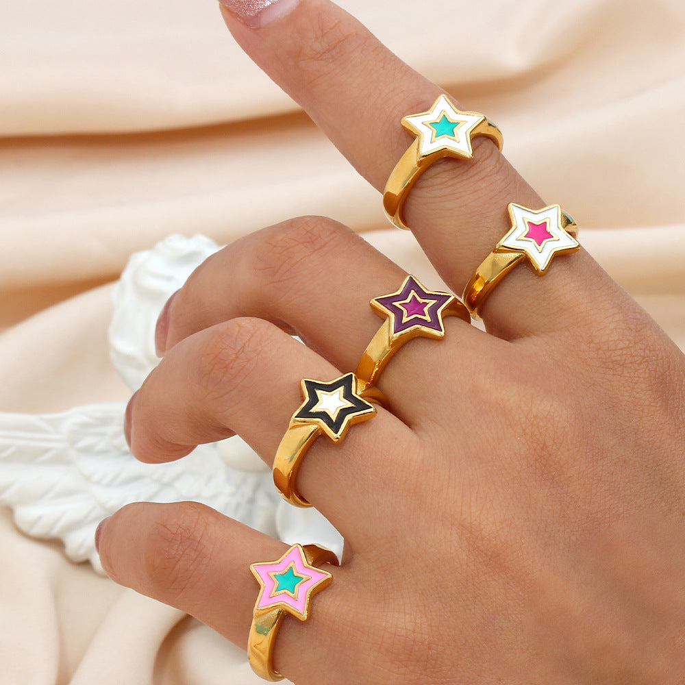 Minimalist Bohemian Star-Shaped Stainless Steel Ring for Women with Enamel Finish and Geometric Design