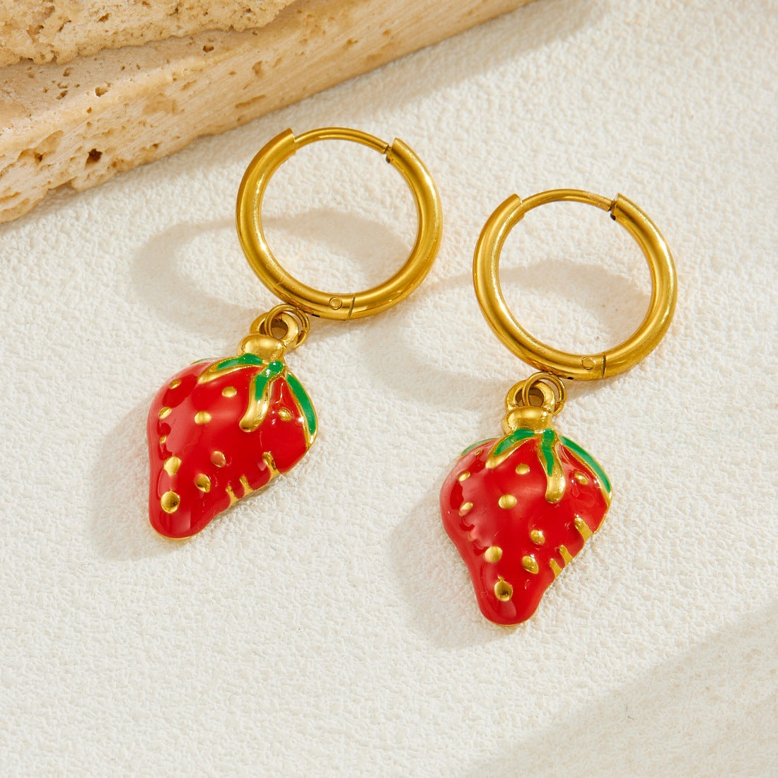 Sweet Round Drip Oil Plated Stainless Steel Strawberry Drop Earrings