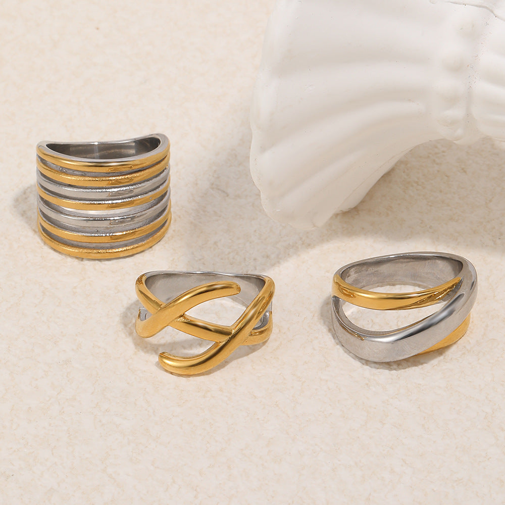 Fashion Minimalist Two-Tone Geometric Stainless Steel Gold Plated Ring for Women