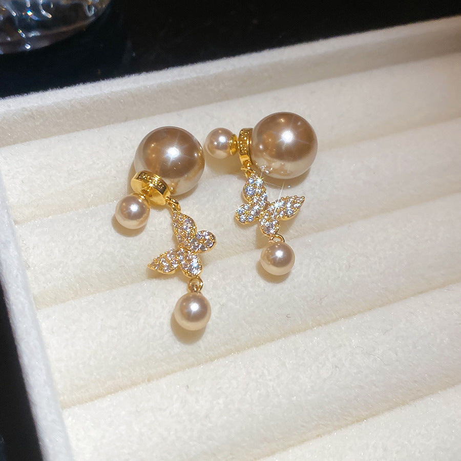 Elegantes Pendientes de Tuerca para Mujer de Estilo Retro Francés con Mariposa y Perla en Forma de Corazón con Circonitas y Postes de Acero Inoxidable