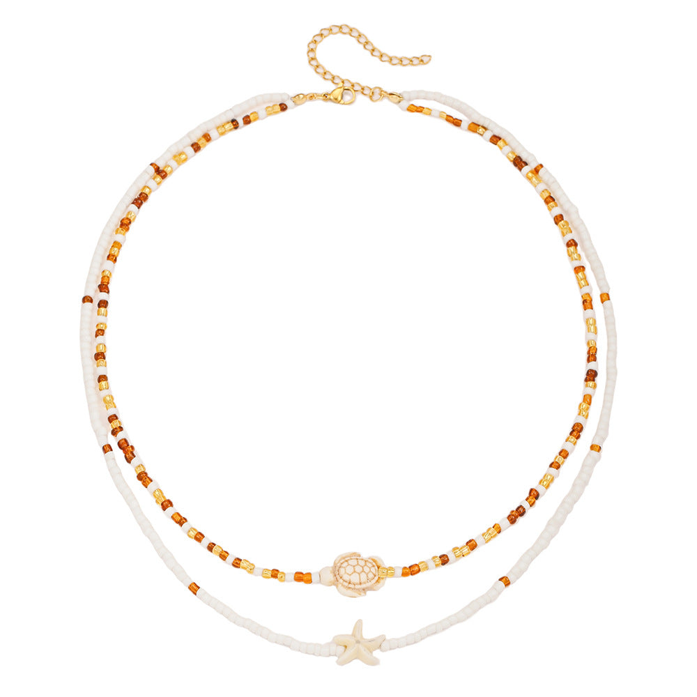 Geometric Round Stainless Steel and Resin Necklace with Starfish Shell Turtle Charms Cable Chain Unisex