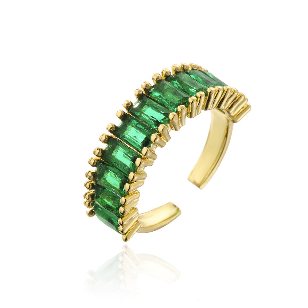 Fashionable 18K Gold Plated Geometric Open Ring with Emerald Zircon for Women