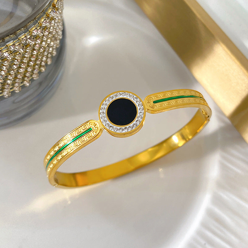 Luxury Vintage Geometric Black Round Square Cubic Zirconia Green Striped Polished Titanium Steel Bracelet