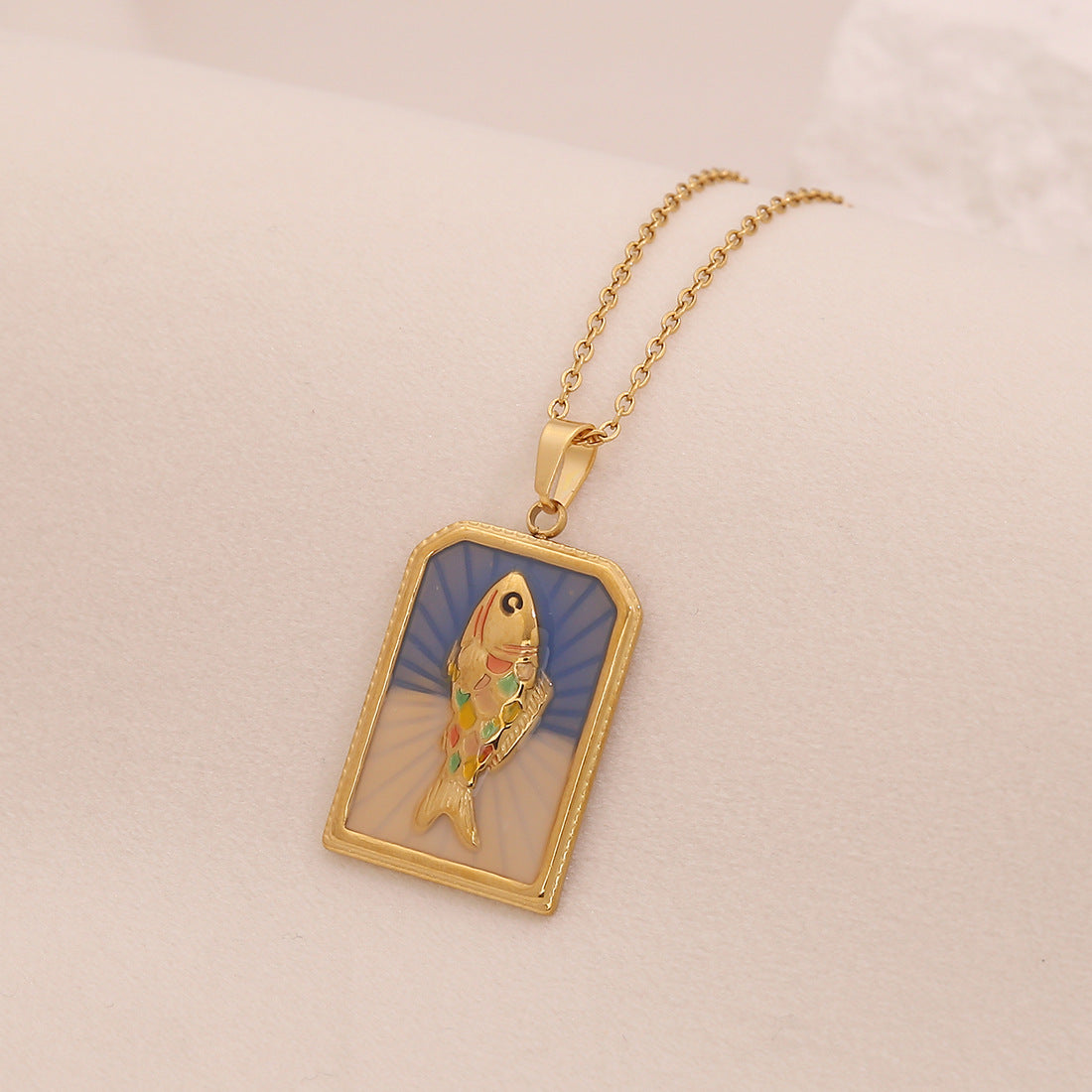 Vintage Fish-Shaped Enamel Stainless Steel Pendant Necklace with O-Chain for Women