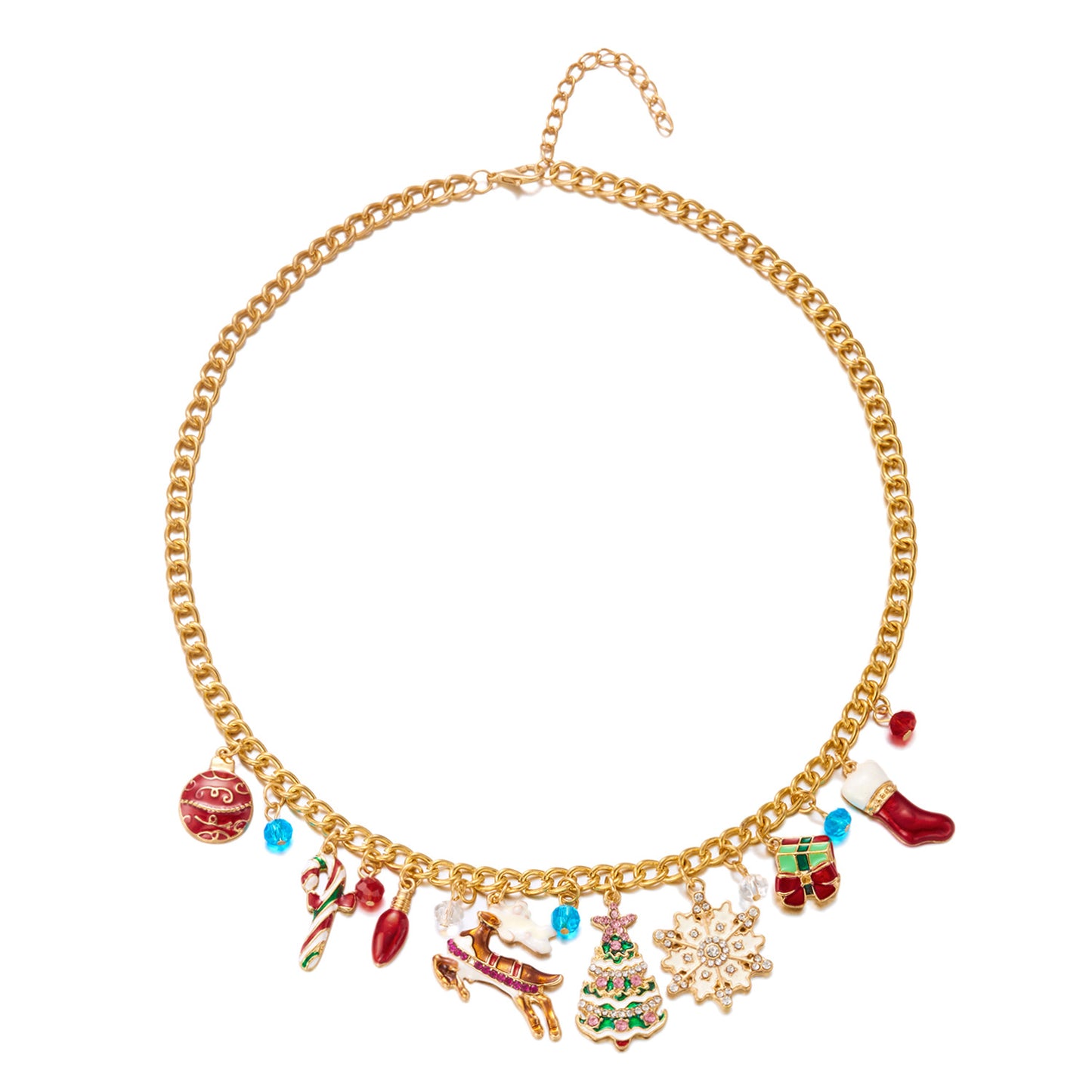 Christmas-Themed Necklace and Bracelet Set for Women with Snowflake Elk and Santa Pendant in Alloy with Electroplating on O-Chain
