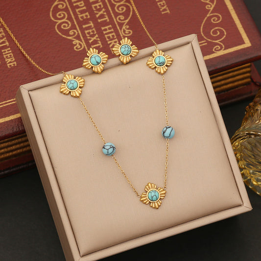 Juego de collar de acero inoxidable floral vintage con cadena en O chapada para mujer