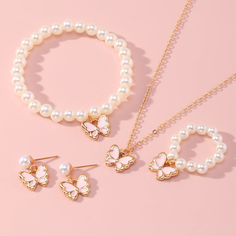 Set di collana in lega a forma di farfalla, con finitura smaltata, per bambine, Collezione Principessa, con catena a croce regolabile