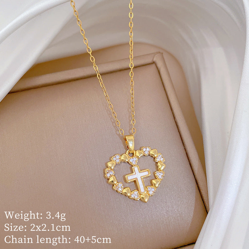 Sweet Minimalist Cross Micro-Inlaid Cubic Zirconia Brass Pendant Titanium Steel Necklace for Unisex