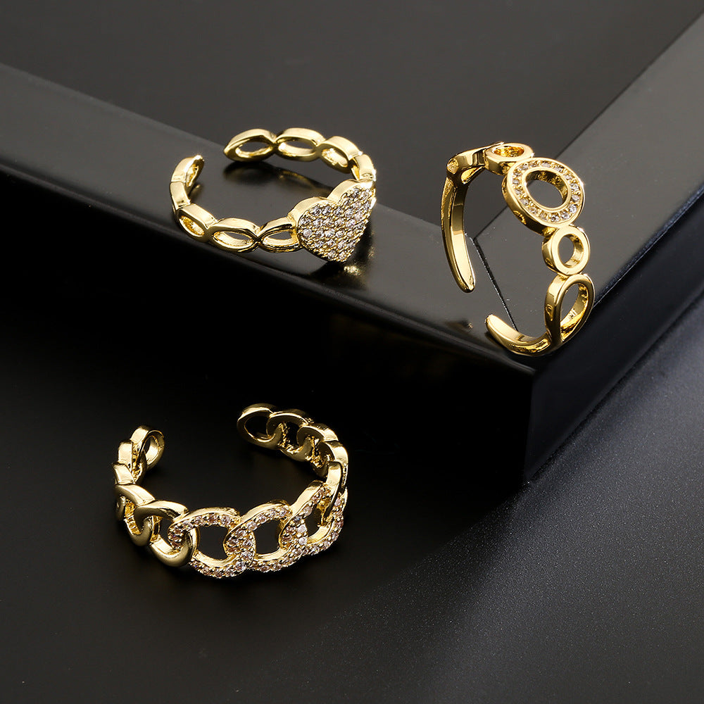 Anello Aperto Geometrico Stile INS da Donna Realizzato in Rame con Placcatura in Oro 18K e Zirconi Micro-Incastonati
