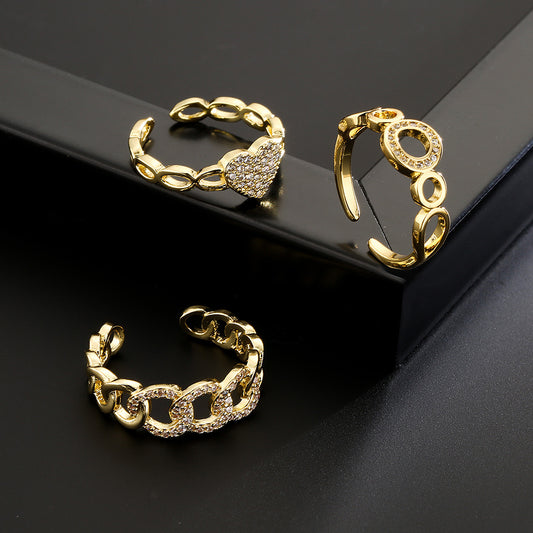 INS Style Geometric Open Ring for Women Made of Copper with 18K Gold Plating and Micro-Paved Zirconia