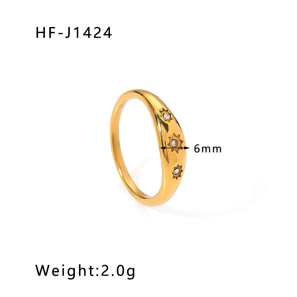 Vintage French Round Geometric Ring 18K Gold Plated Titanium Steel White Zircon Inlay Women