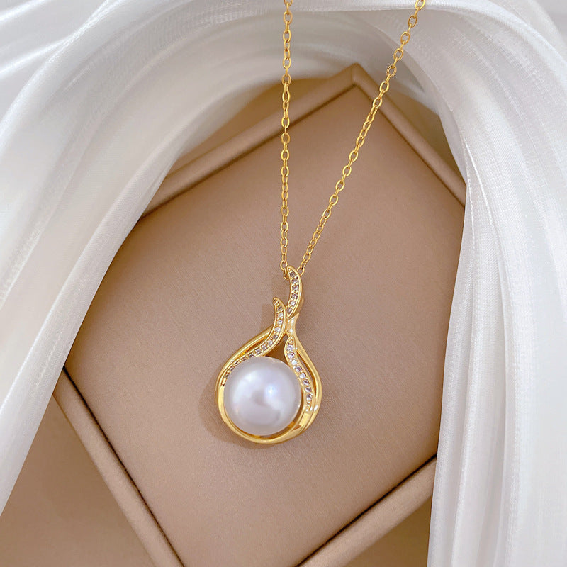 Cartoon Style Fish Tail Pearl Rhinestone Necklace for Women Stainless Steel Clavicle Chain with Starry Pattern