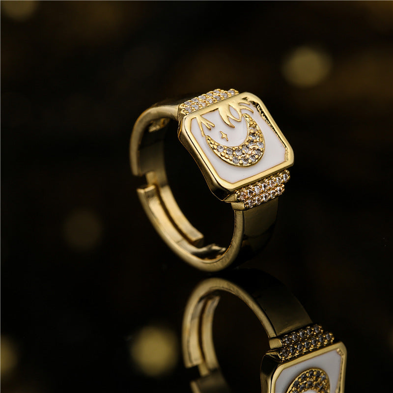 18K Gold Plated Brass Drip Oil Star Moon Geometric Ring for Women