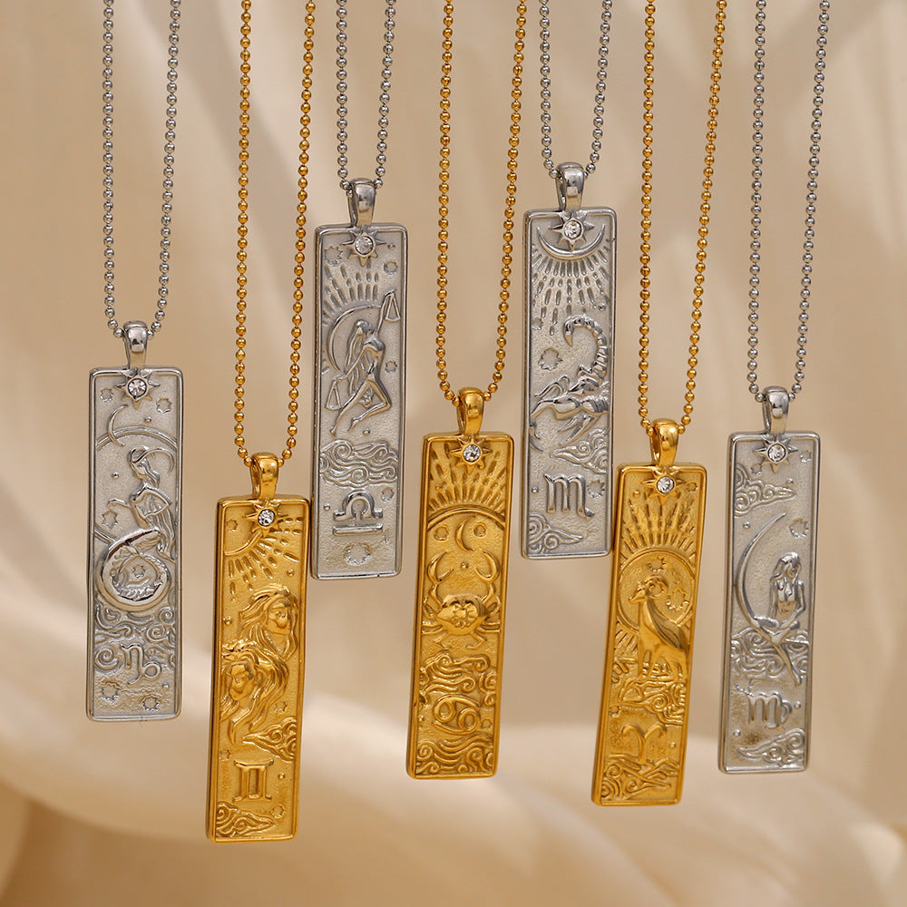 Vintage Geometric Zodiac Pendant Necklace for Women Stainless Steel with 18K Gold Plating Square Charm
