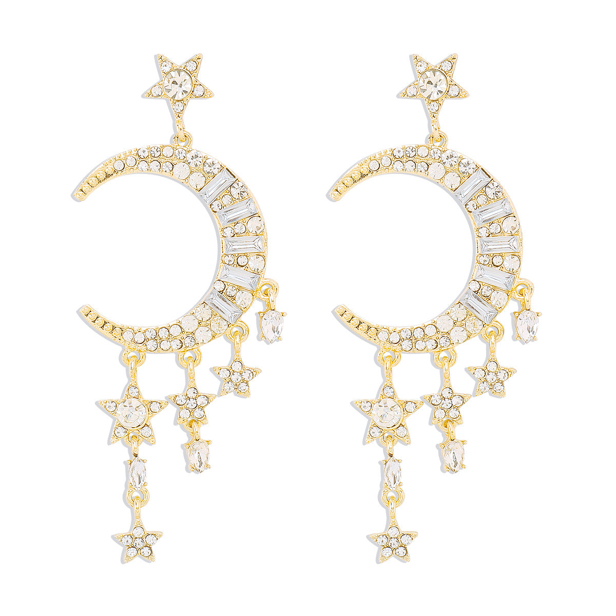 Pendientes de mujer con colgante geométrico de luna y estrella, dulces y atrevidos, con base de aleación e incrustaciones de diamantes de imitación, acabado chapado y diseño de borla larga