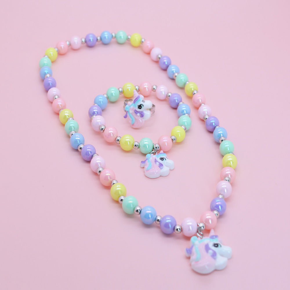 Set collana in resina a forma di unicorno dei cartoni animati per bambine - Gioielli per bambini a forma di animale con catena di perline