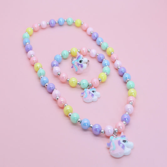 Cute Cartoon Unicorn Resin Necklace Set for Girls - Animal-Shaped Children's Jewelry with Beaded Chain