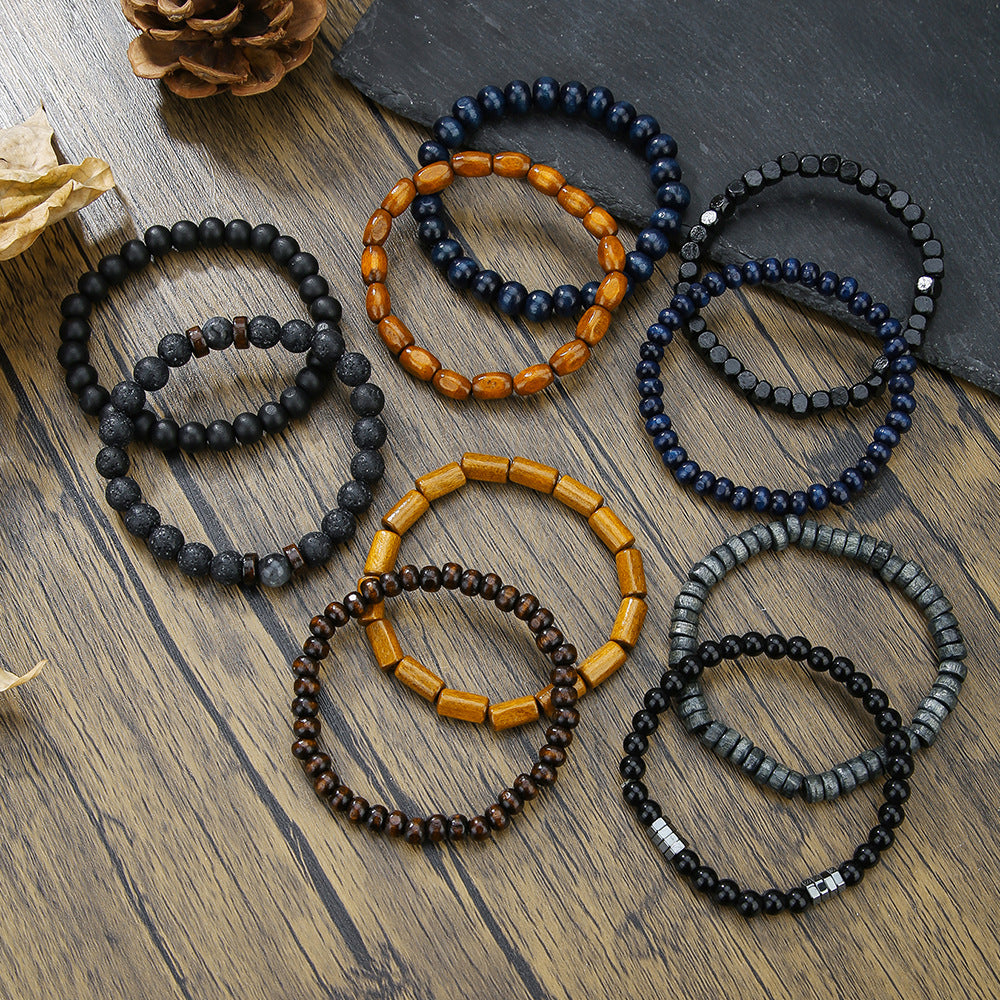 Bracciale Elastico Vintage Unisex in Perle di Legno con Pietra Vulcanica e Perle Rotonde in Ossidiana Nera per Uomo e Donna