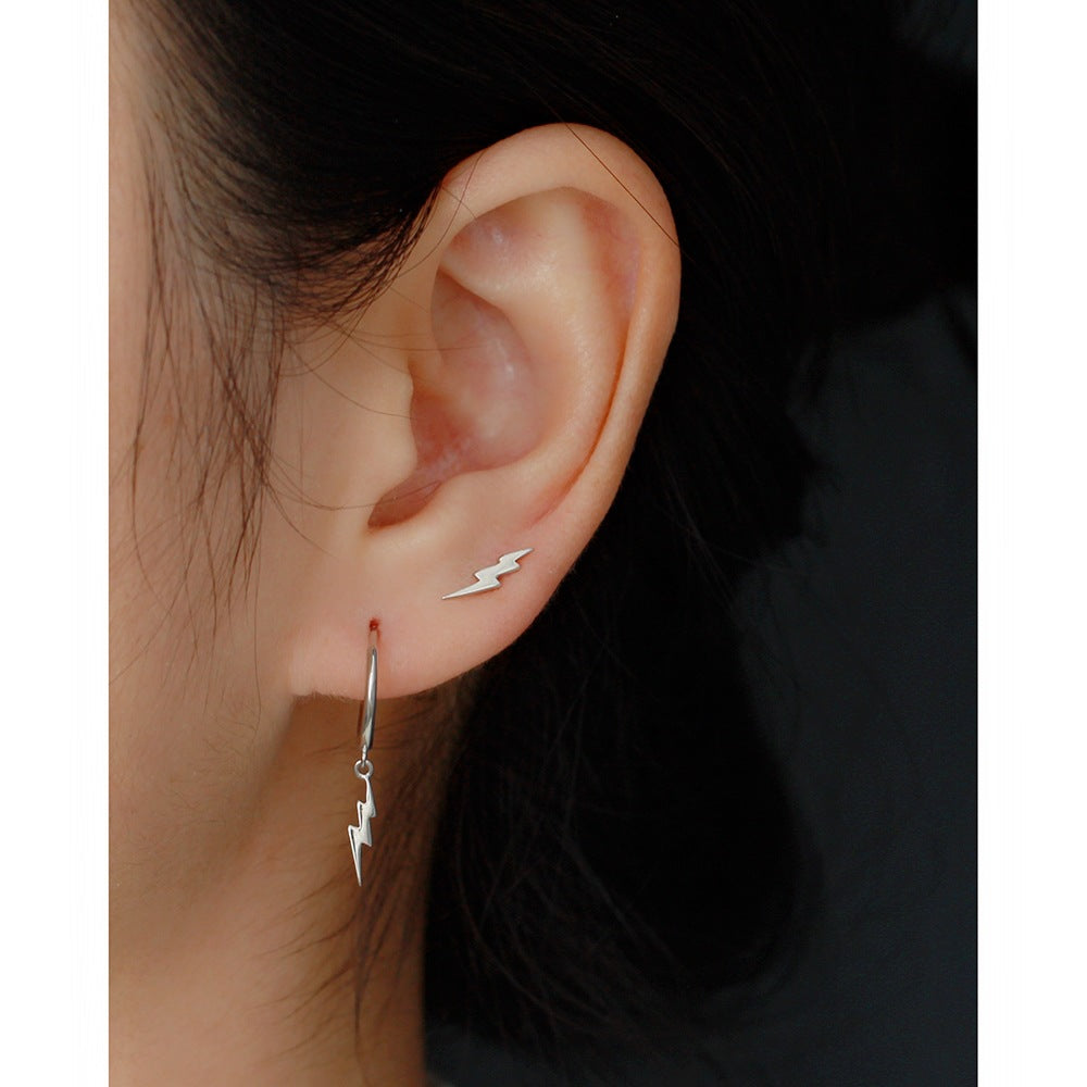 Minimalist Streetwear 925 Sterling Silver Geometric Lightning Bolt Hoop Earrings