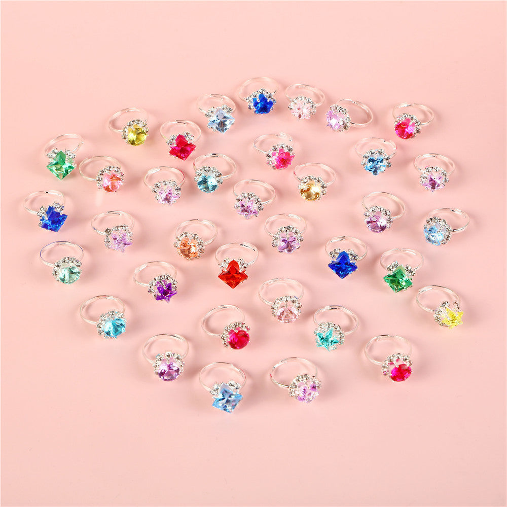 Anello da bambina in stile cartone animato, poligonale, in lega con intarsio di ametista, finitura in polvere scintillante, confezione regalo