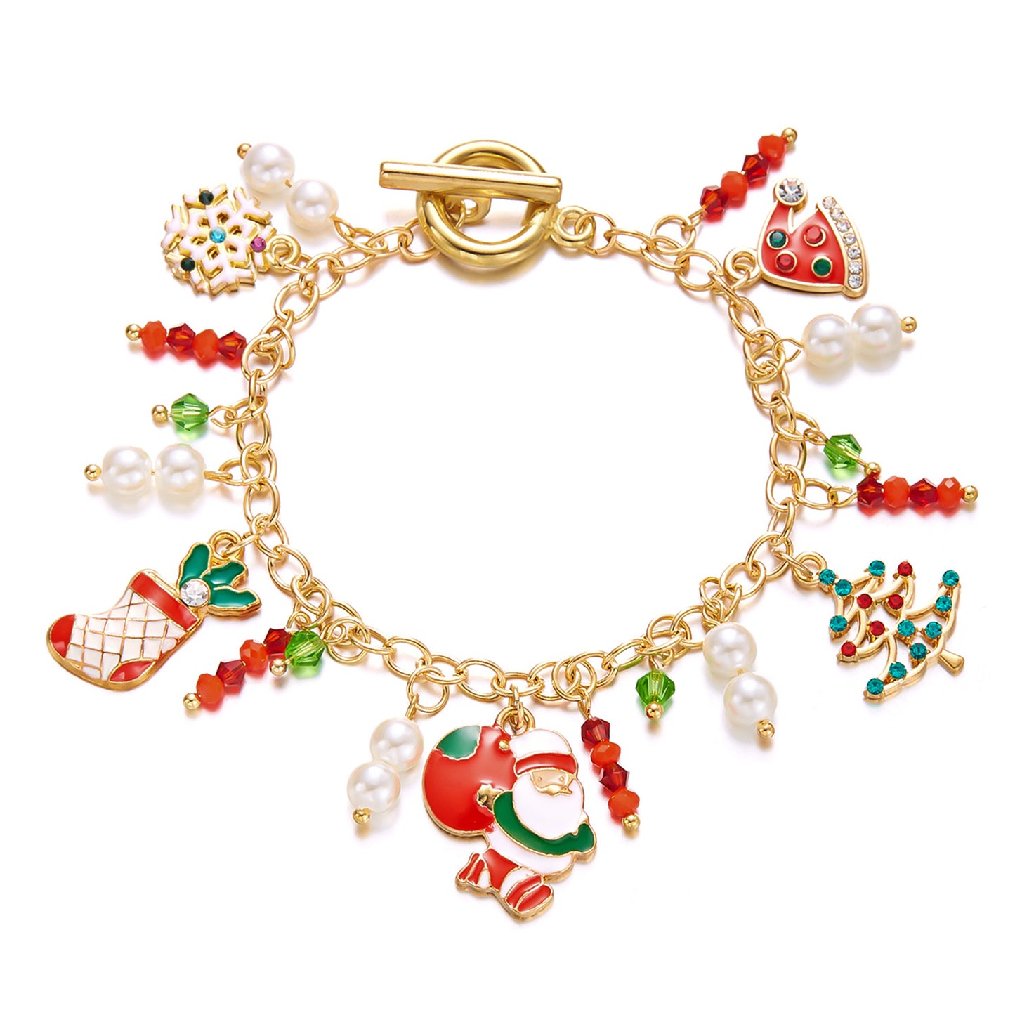 Pulsera creativa con temática navideña para mujer con dijes de Papá Noel, alces y árbol de Navidad en cadena de aleación de hierro con detalles de perlas y cristales.