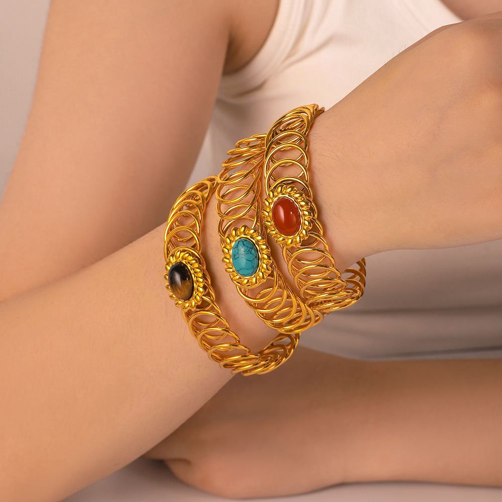 Bracciale a molla regolabile in acciaio inossidabile da donna, stile francese vintage, con intarsio in pietra naturale e finitura placcata