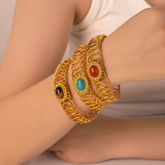 Pulsera de muelle ajustable de acero inoxidable de estilo francés vintage para mujer con incrustaciones de piedras naturales y acabado chapado