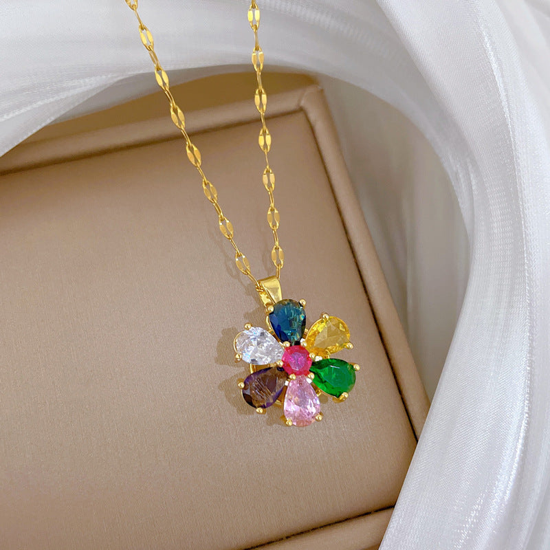 Sweet Elegant Geometric Floral Rhinestone Plated Titanium Steel Necklace with Brass Pendant for Unisex