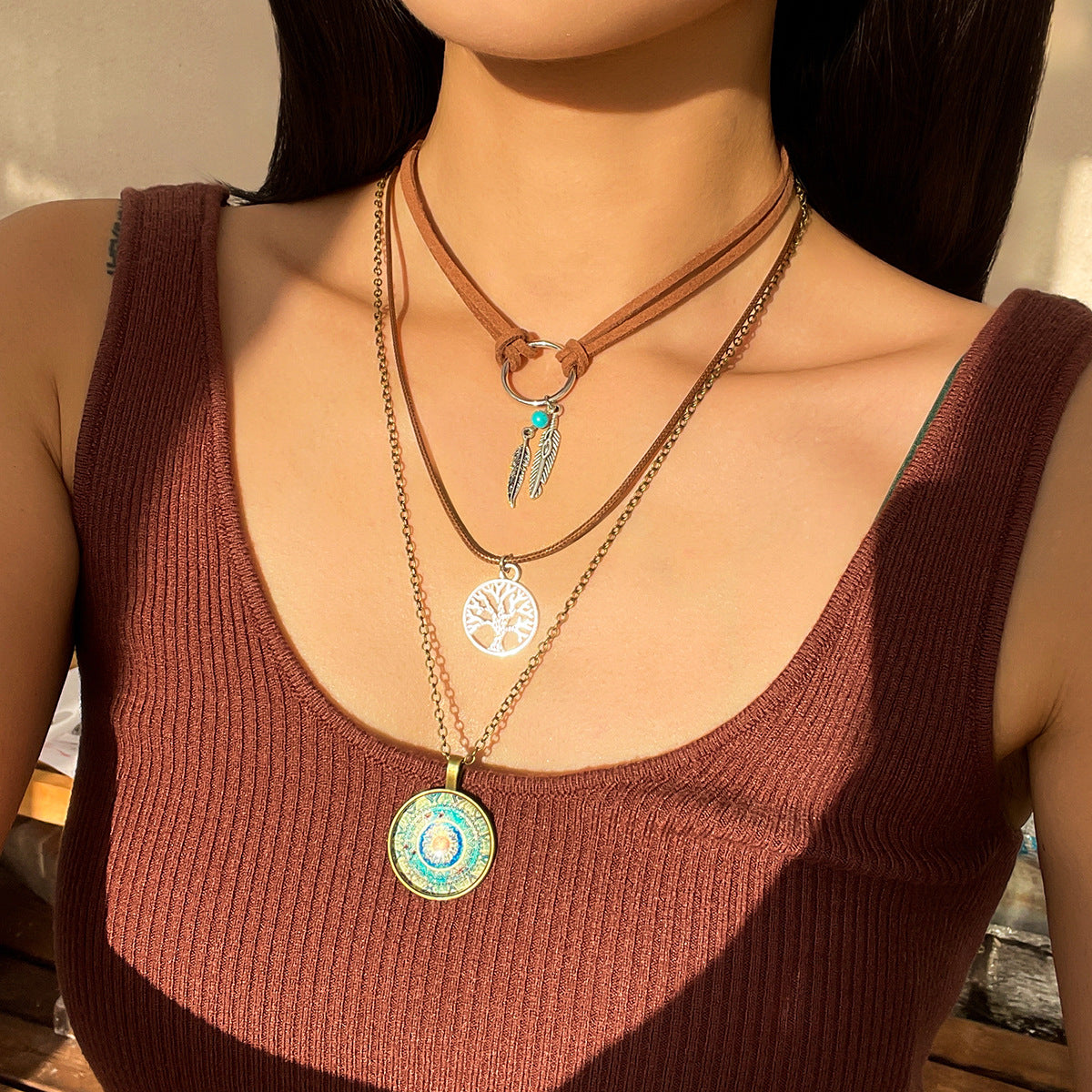 Vintage Bohemian Ethnic Star Geometric Alloy Pendant Acrylic Plated Multi-layer Necklace for Women