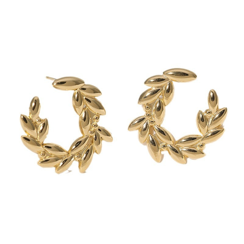 Minimalist Leaf and Wheat Ear Studs in Stainless Steel with Plated Finish for Women