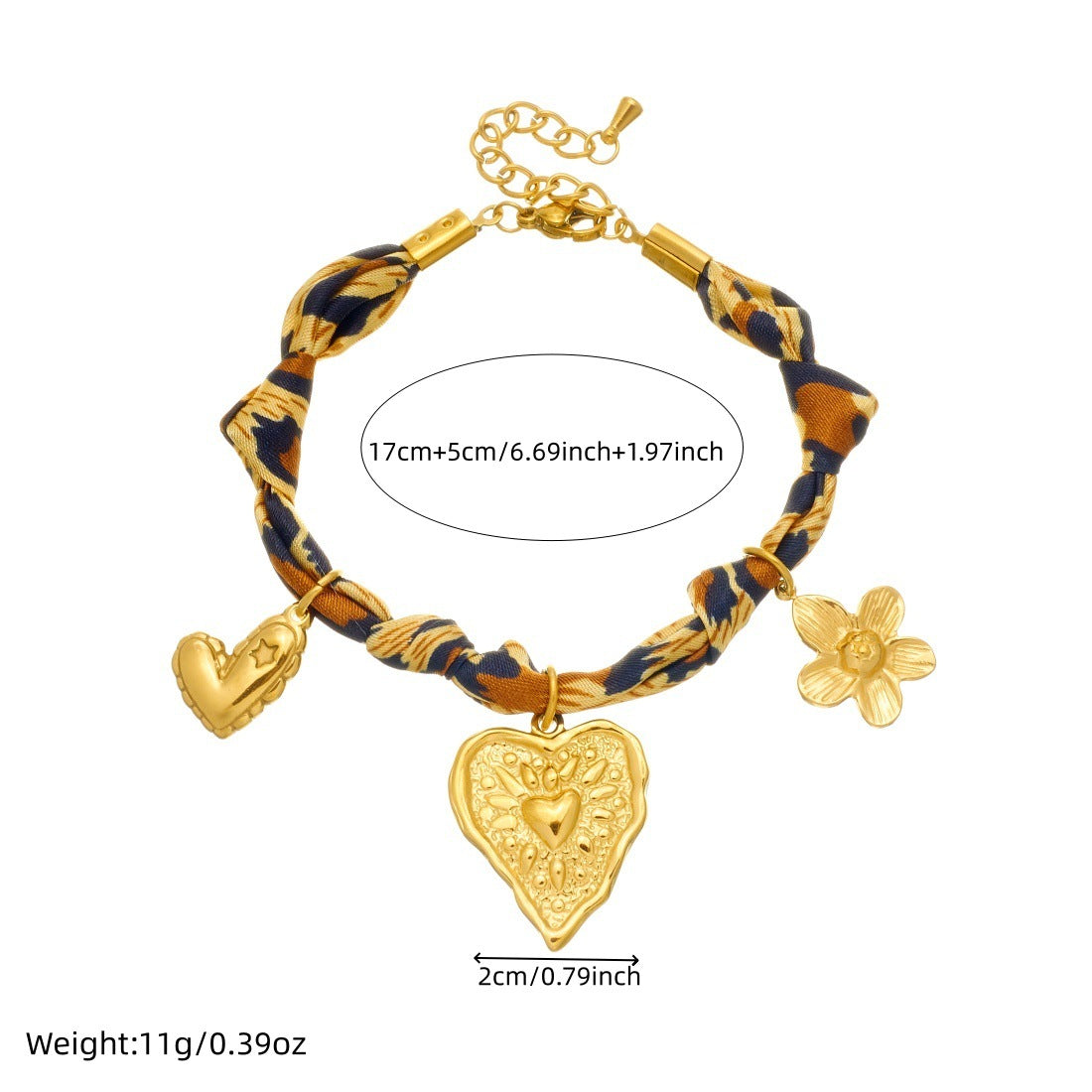 Vintage Bohemian Gold Plated Stainless Steel Rope Chain Bracelet with Leopard Print Floral Heart Pendant