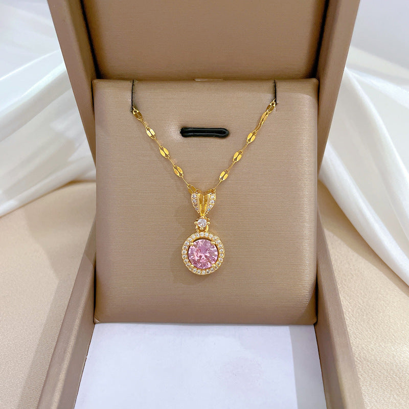 Four-Leaf Clover Rhinestone Pendant Necklace for Women Titanium Steel Irregular Chain Shell Locket Floral Style