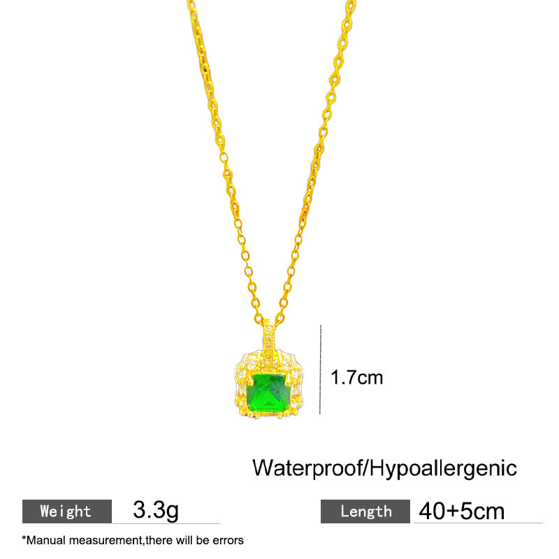 Sporty Sweet Square Fruit Emerald Cubic Zirconia Plated Titanium Steel Necklace with Brass Pendant Cable Chain