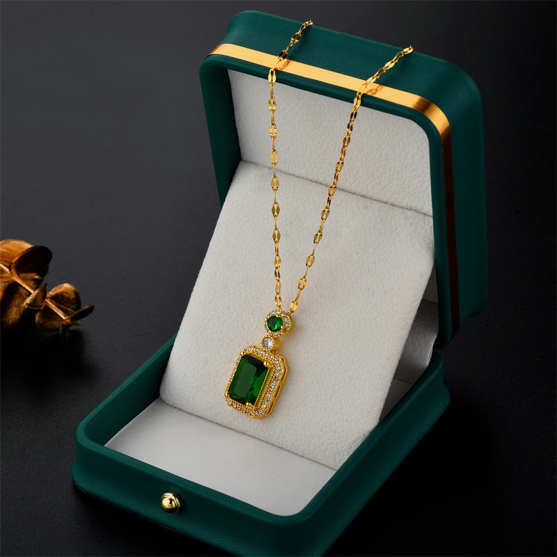 Elegant Red and Green Letter-Shaped Titanium Steel Necklace with Micro-Pave Zirconia for Women