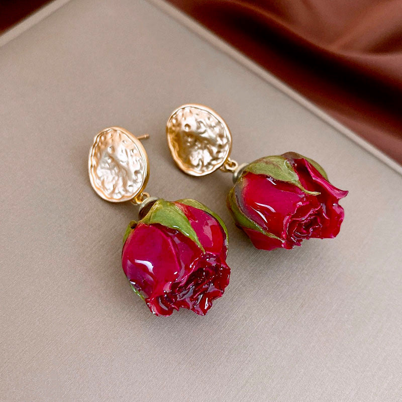 Set collana e orecchini Sweet Floral in acciaio inossidabile con rosa essiccata per donna, con ciondolo in rame e finitura placcata