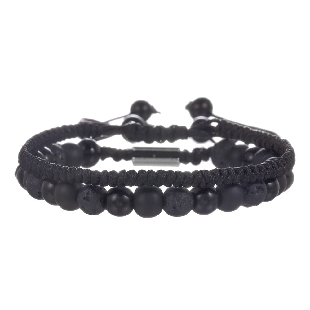 Adjustable Men's Geometric Stone Bracelet with Lava Rock Turquoise and Tiger Eye Beads Handmade Bohemian Style