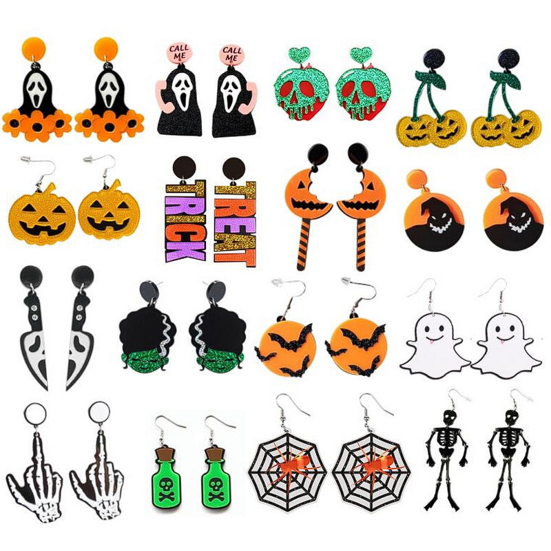Orecchini asimmetrici in acrilico per Halloween con lettere glitterate, motivi di zucca, fantasma, teschio, scheletro e ragno