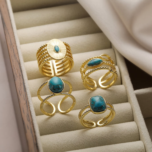 Minimalist Geometric Open Ring for Women in Brass with 18K Gold Plating and Turquoise Inlay