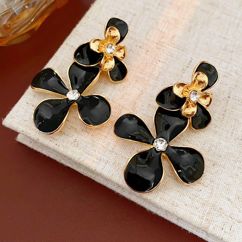 Vintage Floral Earrings with Enamel Finish and Rhinestone Inlay in Alloy with Stainless Steel Posts for Women