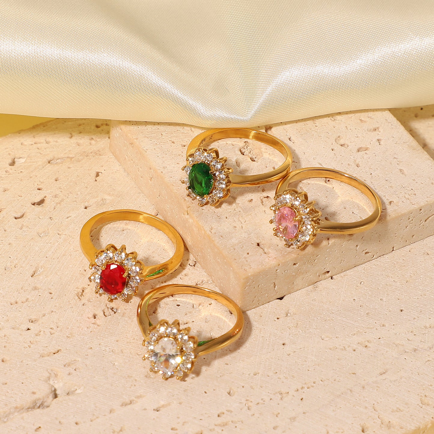Trendy 18K Gold Plated Double Layer Oval CZ Ring Stainless Steel Bezel Set Women's Jewelry