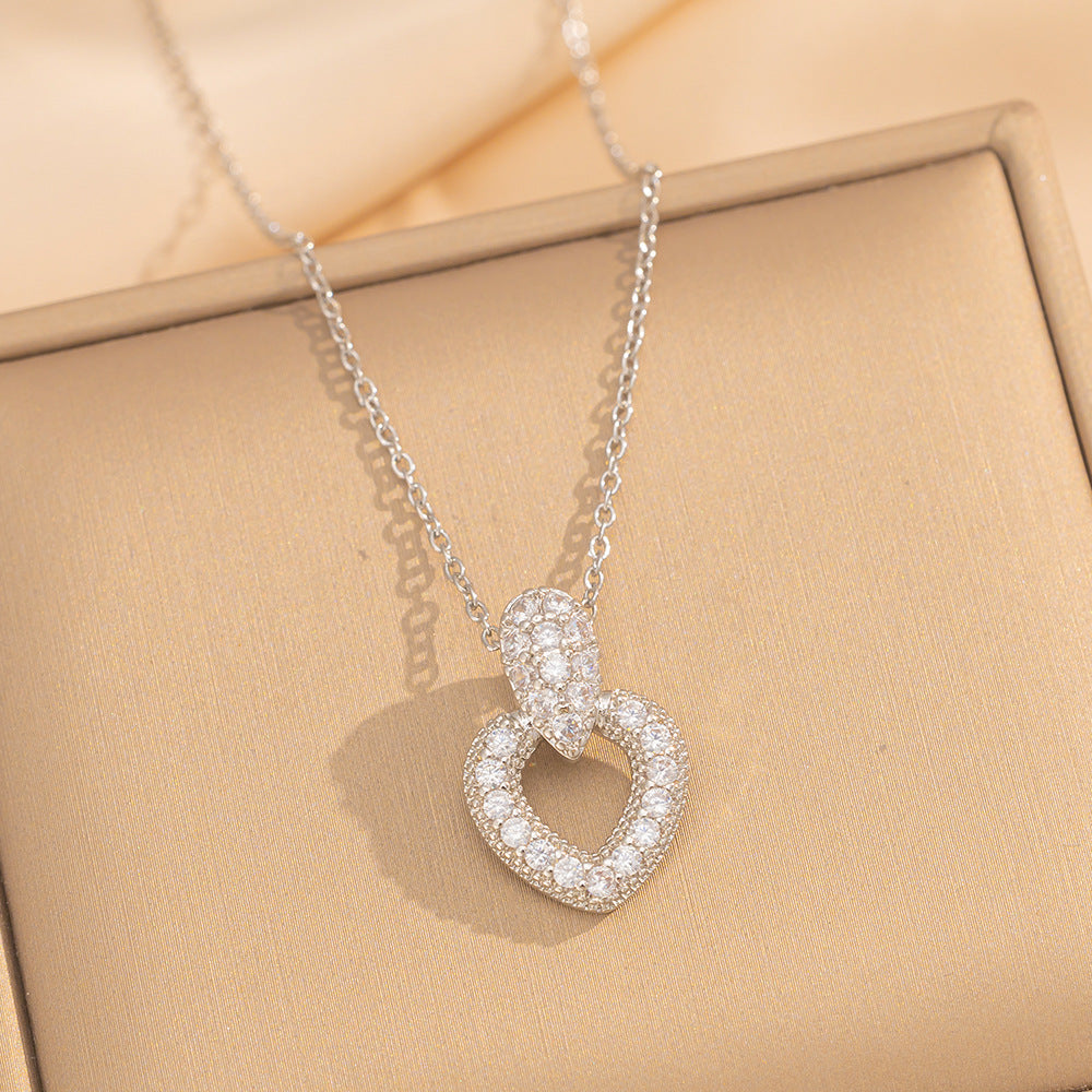 Elegant Minimalist Heart-Shaped Titanium Steel Necklace and Earrings Set with Zircon Inlay and 18K Gold Plated Copper Accents