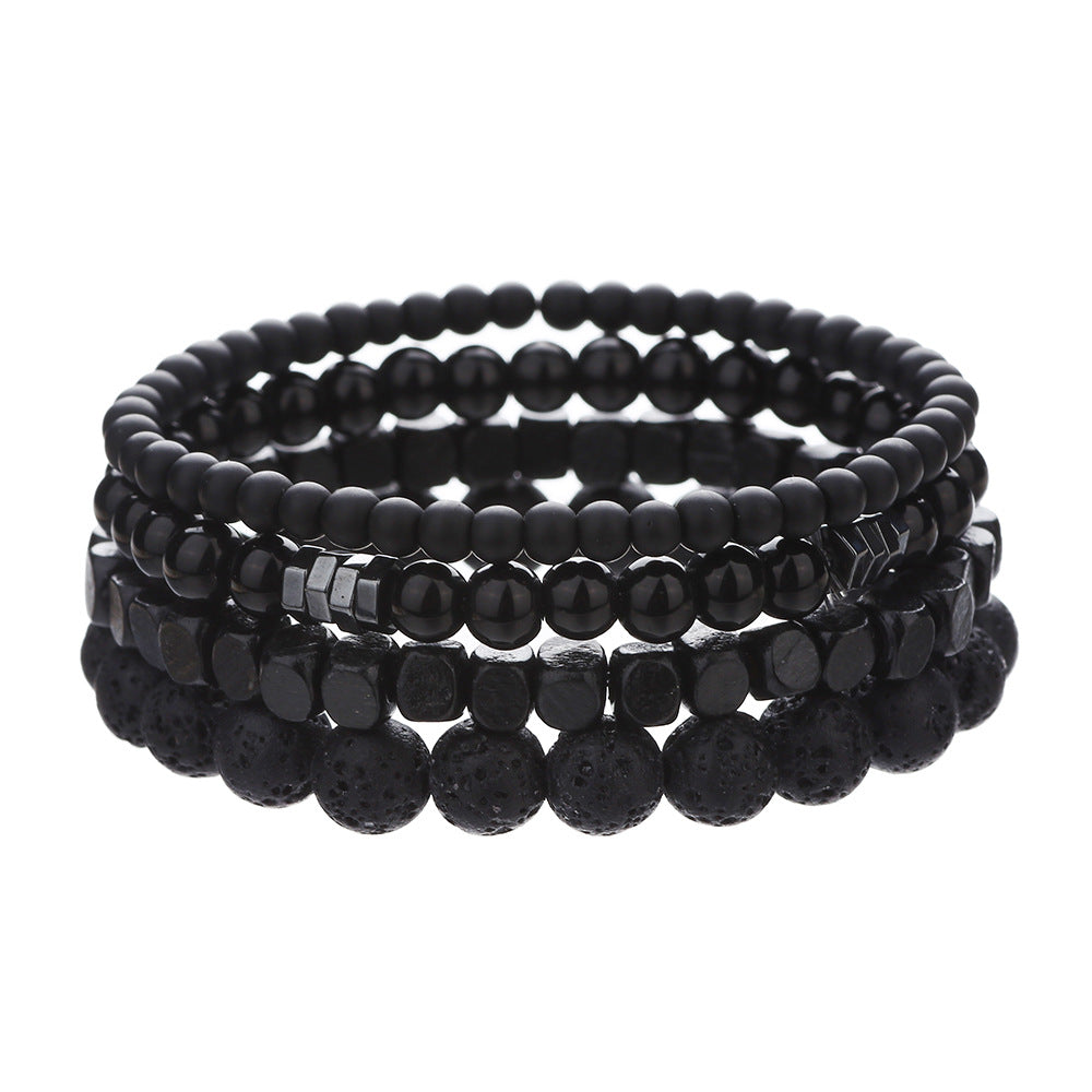 Men's Multi-Layer Matte Hematite Lava Stone Wood Bead Bracelet Set Geometric Round Elastic Band