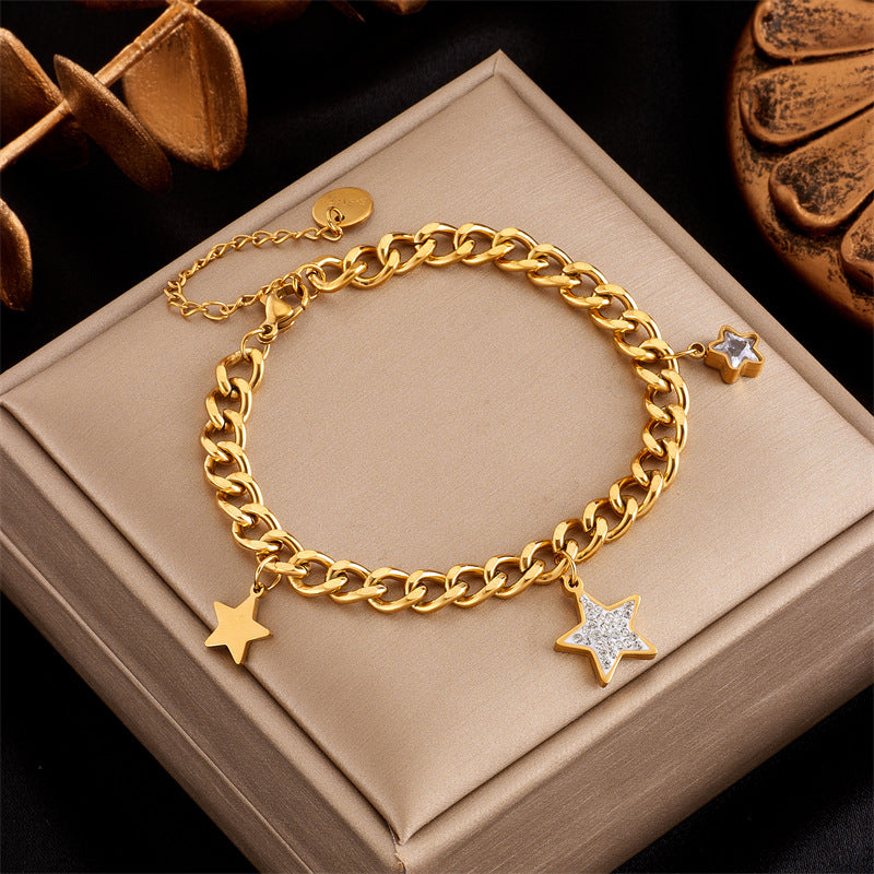 Fashionable Vintage-Inspired Titanium Steel Bracelet with Rhinestone-Inlaid Star and Round Pendant for Women