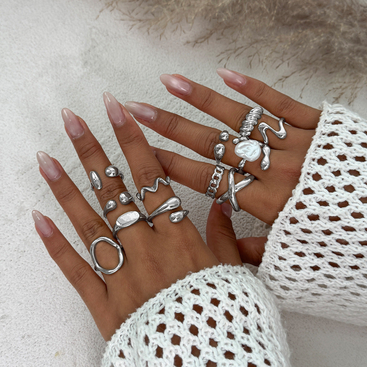 Elegant Baroque Faux Pearl Teardrop Oval Alloy Plated Open Joint Ring Set for Women