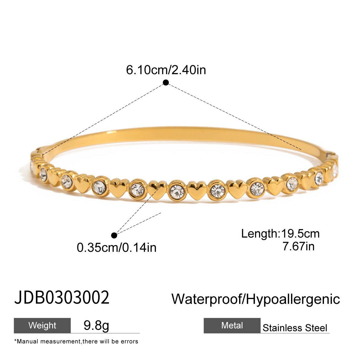Elegante bracciale da donna in acciaio inossidabile a forma di cuore con intarsio di zirconi, finitura placcata, design geometrico minimalista