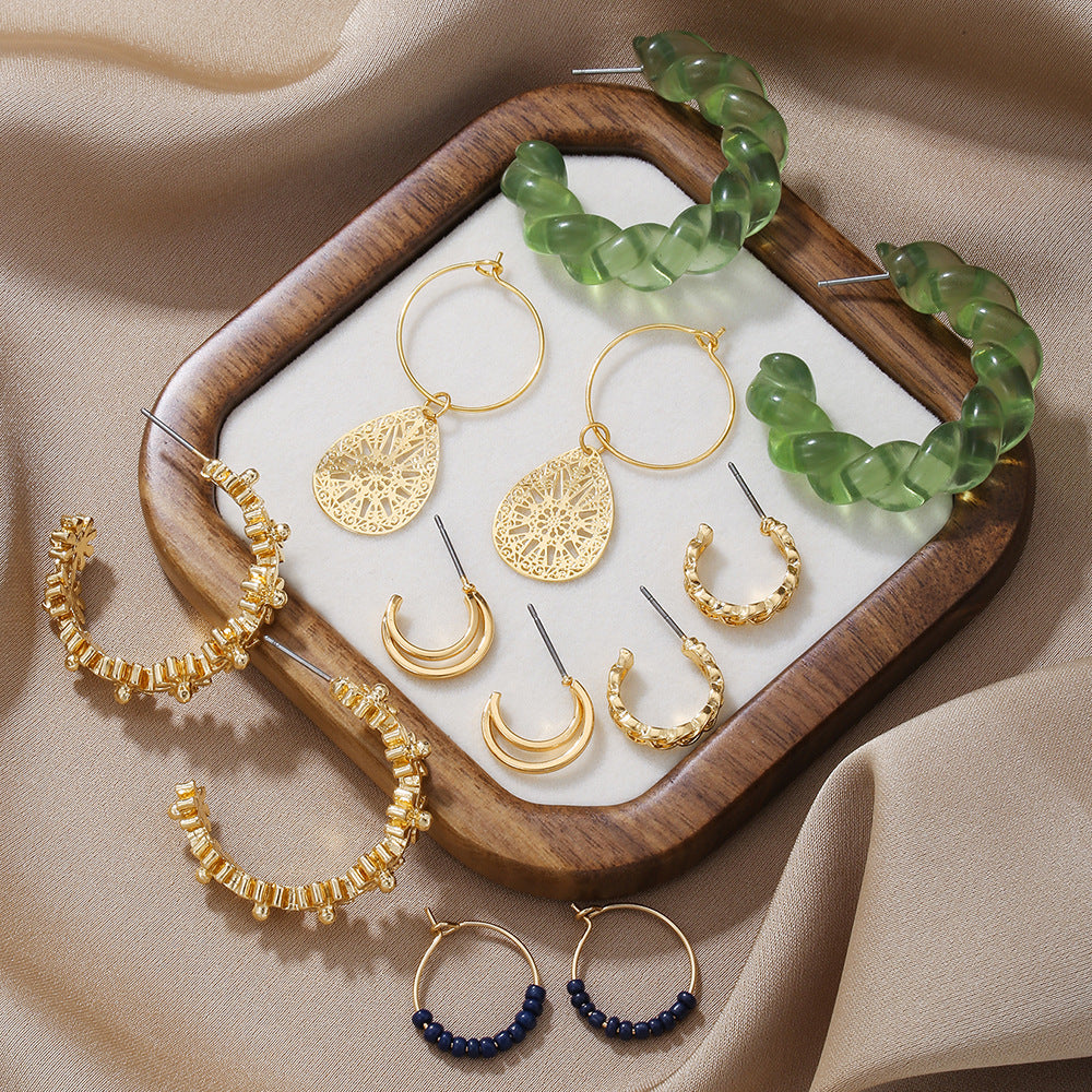 Vintage Gold Plated Geometric Round Alloy Acrylic Pearl Leopard Print C-Hoop Earrings Set for Women