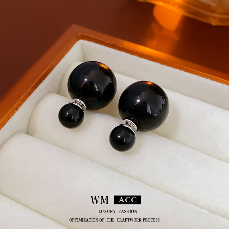 Vintage Geometric Earrings with Black Enamel and Pearl Accents on 925 Sterling Silver Posts