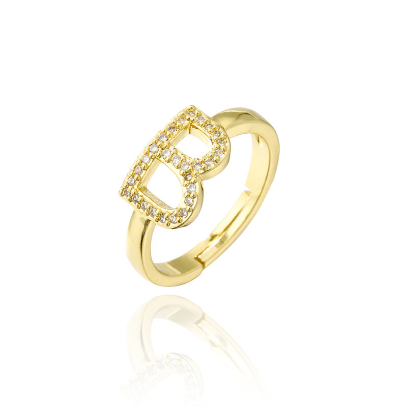 Fashion 18K Gold Plated Brass Micro-inlay Letter Ring Adjustable Open Band for Women