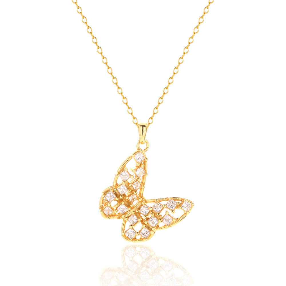 Collana con pendente a farfalla intarsiata con diamanti in argento sterling 925 di lusso, catena a cavo, da donna
